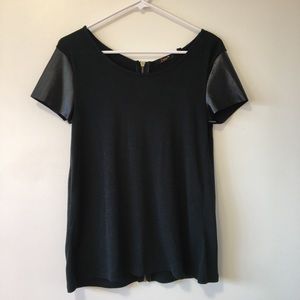 Dark Green Shirt, Black Leather Sleeves, Gold Zip